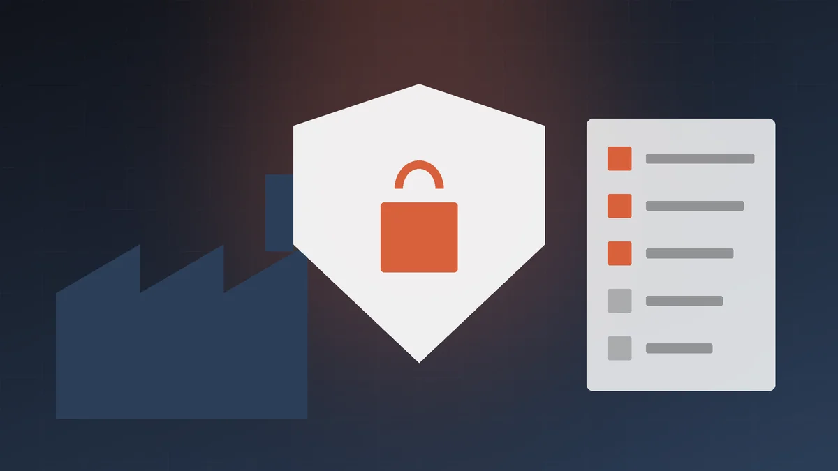 Illustration of a shield with a padlock over a factory outline and a checklist