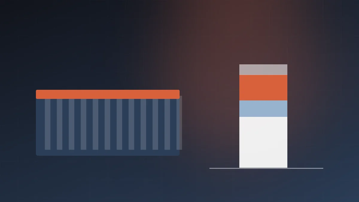 Illustration of a shipping container beside a stacked cost bar showing product price, freight, duty and fees